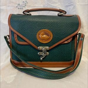 Dooney & Bourke Structured Crossbody Purse Forest Green Medium with Tan Trimming